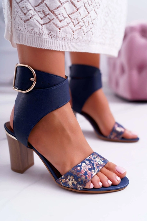 Skórzane Damskie Sandały Maciejka Na Słupku Granatowe 03597