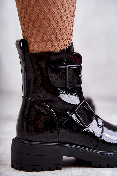 Lakierowane Damskie Botki Na Suwak Czarne Gritta