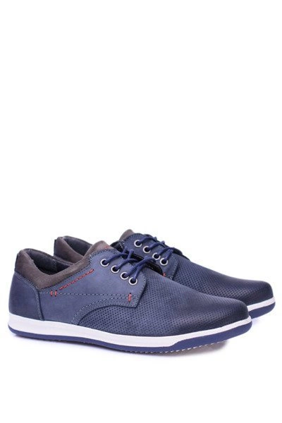 Granatowe Skórzane Męskie Buty Casual Retino