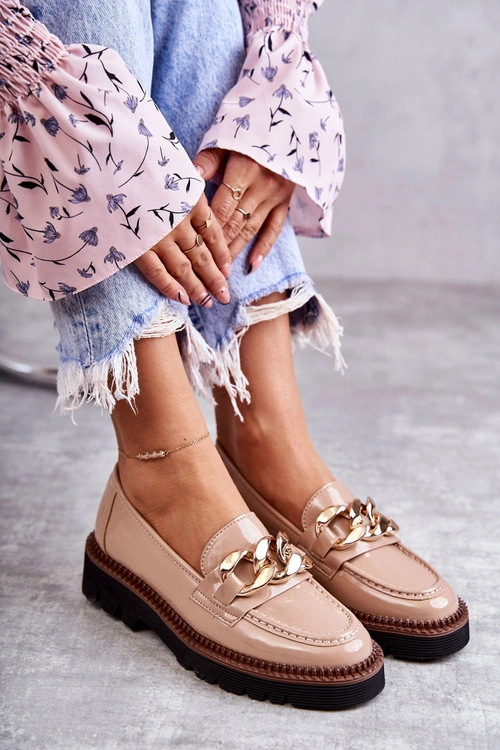 Lakierowane Półbuty Loafery Na Platformie Beżowe Reidun