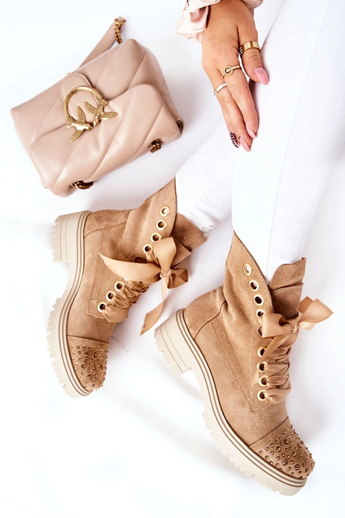 Zamszowe Botki Workery Lewski Shoes Wiązane 3069 Piaskowe