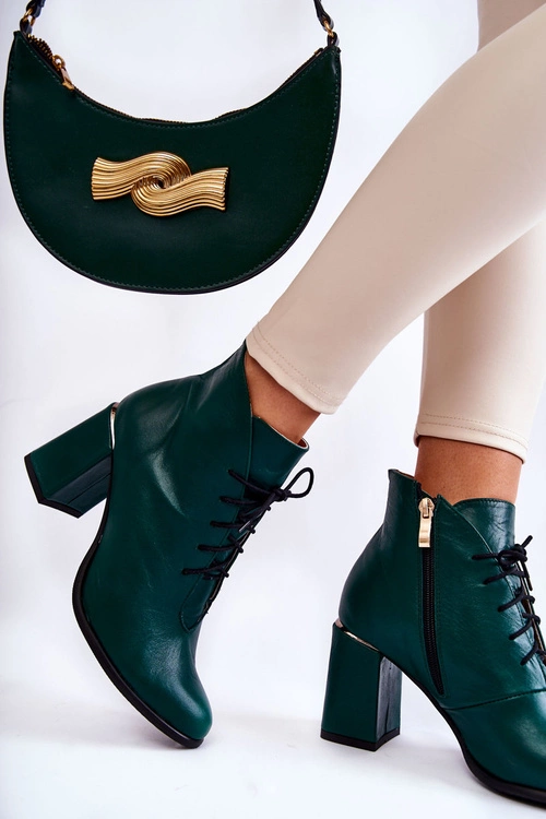 Damskie Skórzane Botki Na Słupku Zielone Carrice