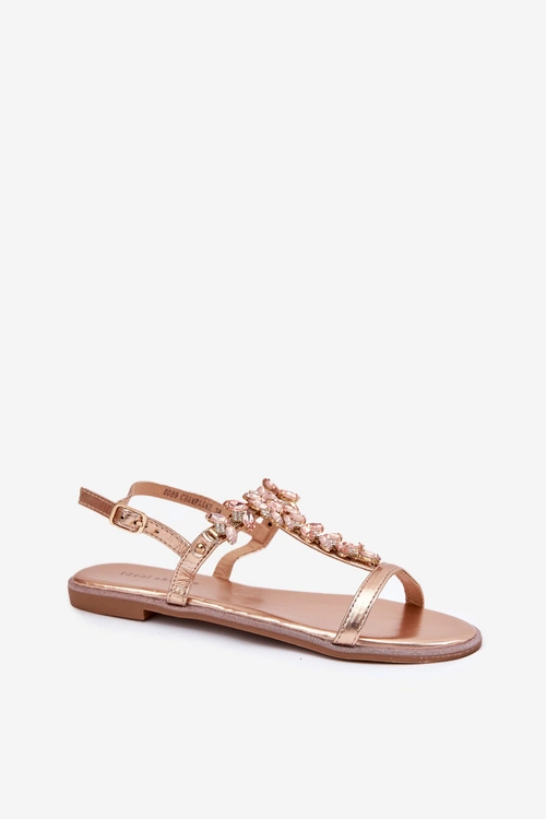 Sandały Damskie Płaskie Z Kryształkami Różowe Złoto Saane