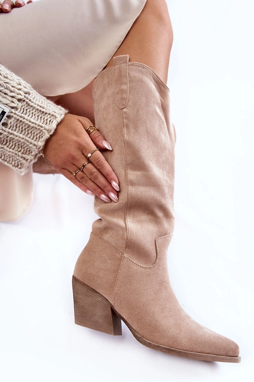 Damskie Zamszowe Kozaki Kowbojki Beżowe Alaina