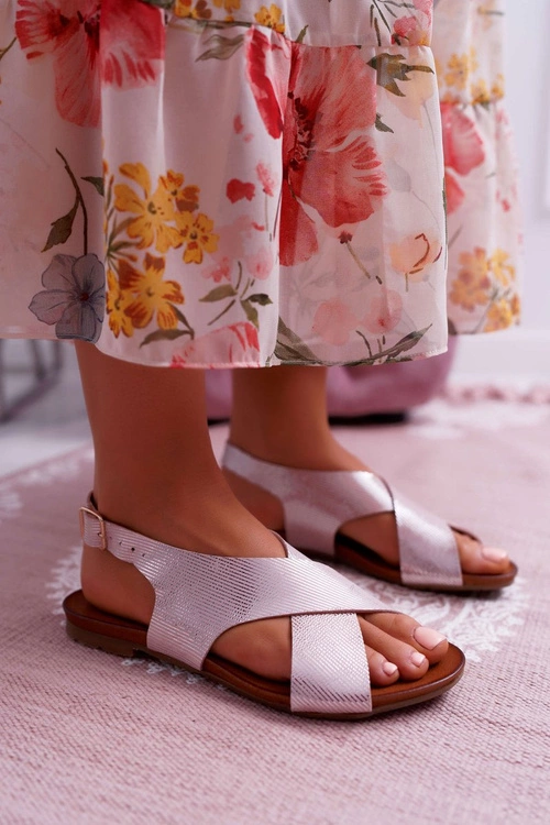 Sandały Damskie Płaskie Skórzane Laura Messi Różowe 1960