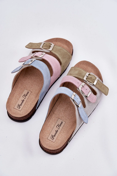 Zamszowe Klapki Damskie Z Klamrami Panto Fino RR267034 Niebieskie