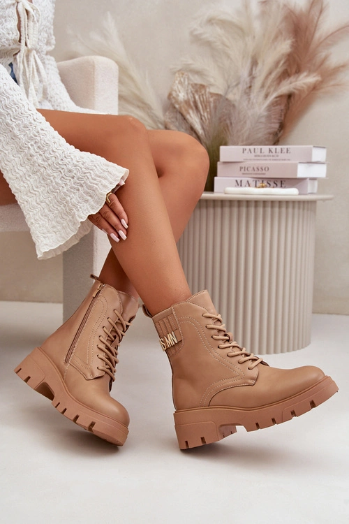 Damskie Workery Botki Na Zamek Sznurowane Z Eko Skóry Beżowe Naolani