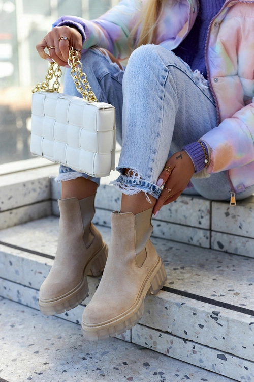 Zamszowe Damskie Botki Workery Jasnobeżowe Kennel