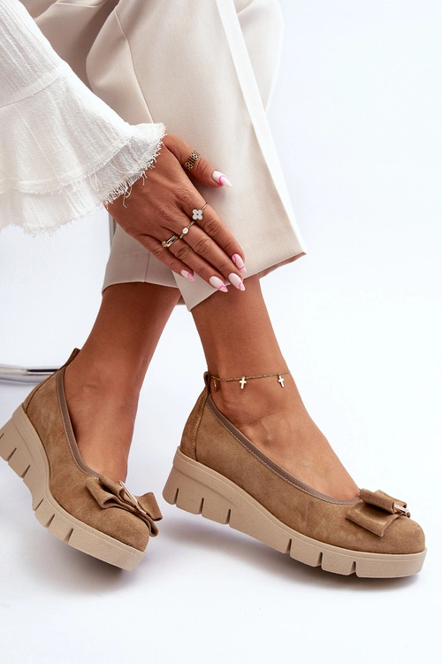 Baleriny Skórzane Na Platformie Z Ozdobą Ciemno Beżowe Lewski 3384