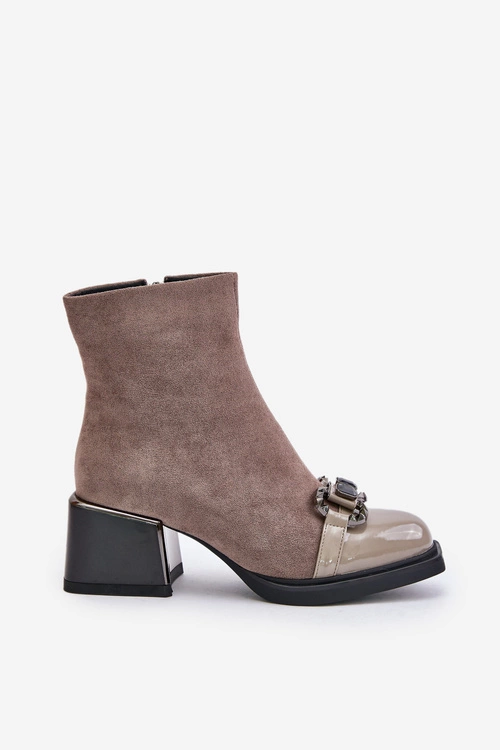 Eleganckie Botki Damskie Na Obcasie Z Ozdobą Szare MR880-127