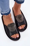 Skórzane Damskie Klapki Z Ozdobą KV51-028 Czarne