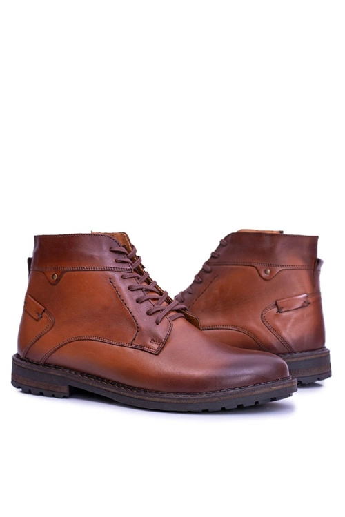 Brązowe Botki Męskie Skórzane Ocieplane Trzewiki Devenor