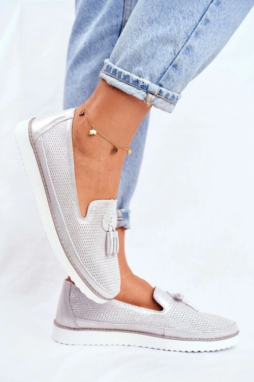 Mokasyny Damskie Skórzane Srebrne Amore Mio