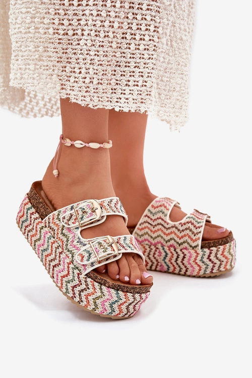 Klapki Damskie Na Masywnej Platformie Z Plecionką I Klamrami Multikolor Eradriana