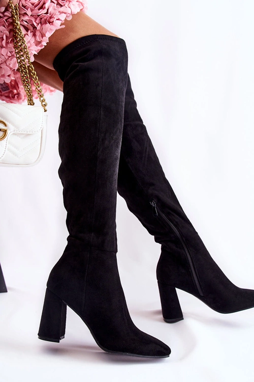 Zamszowe Klasyczne Kozaki Na Obcasie Czarne Kastia