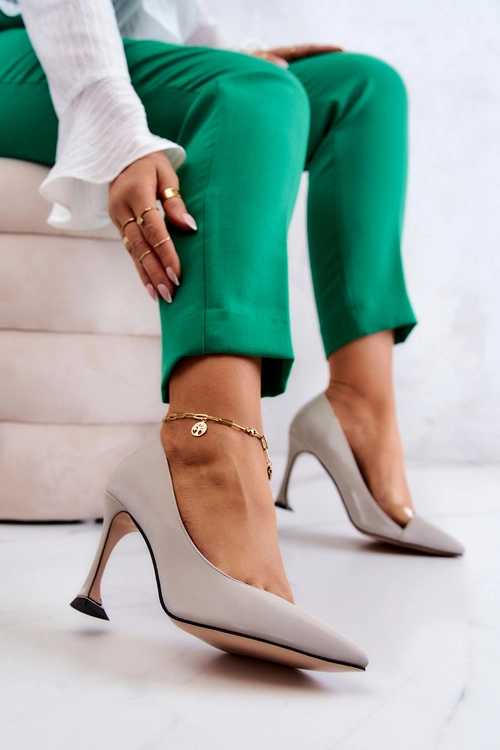 Modne Skórzane Szpilki Jasnoszare Tamira