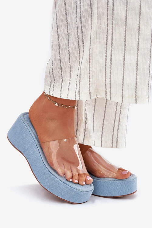 Klapki Damskie Z Transparentnym Paskiem Na Koturnie Jeansowe Meltiana