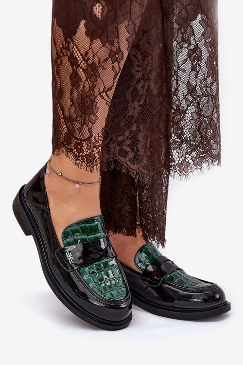 Lakierowane Skórzane Mokasyny Damskie Vinceza 91125 Zielono-Czarne