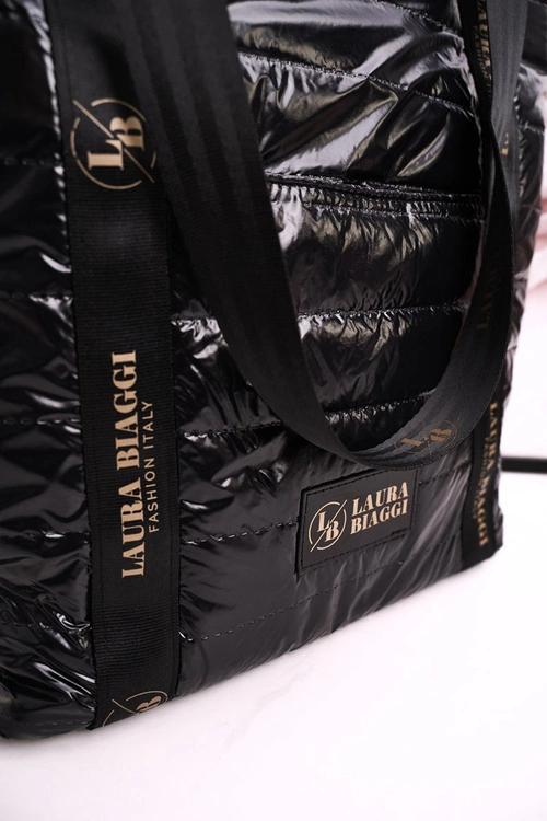 Duża Torba Shopper LAURA BIAGGI Czarna Złote Logo