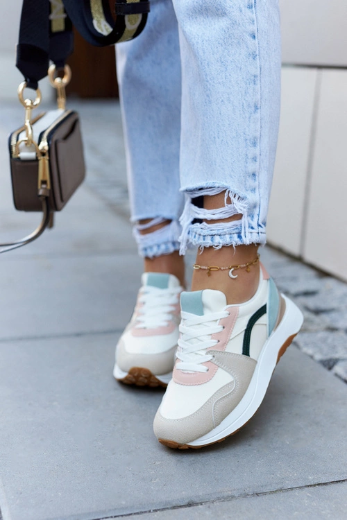 Skórzane Buty Sportowe Wiązane Beżowo-Zielone Coryse