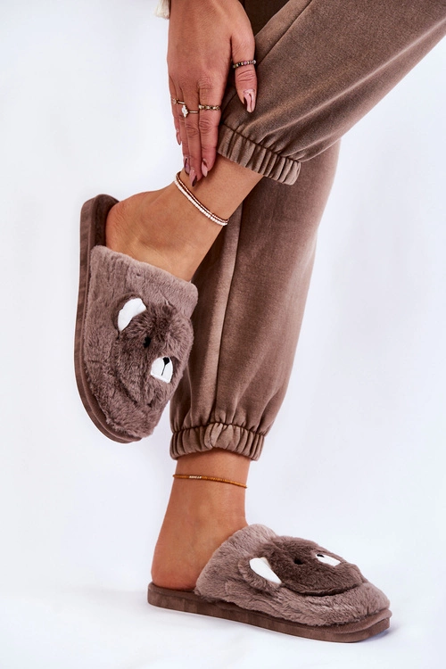 Damskie Futrzane Papcie Z Misiem Brązowe Solly