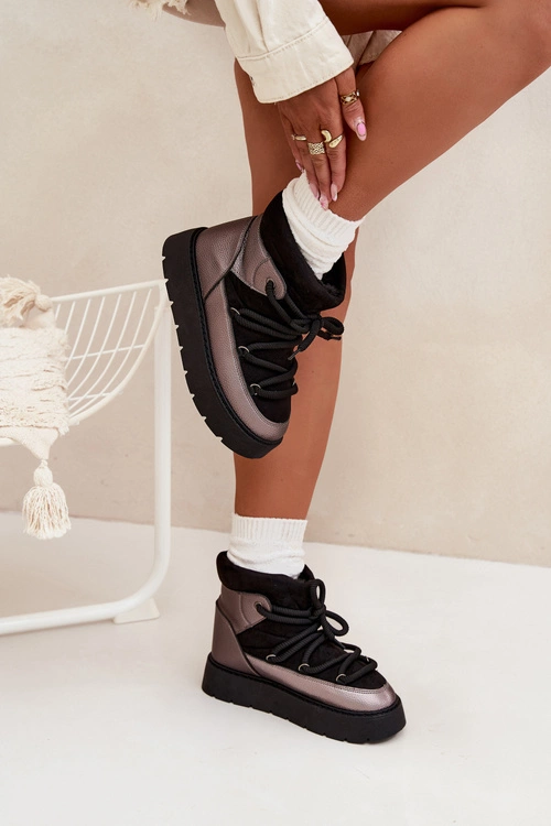 Niskie Śniegowce Damskie Ocieplane Futerkiem Z Grubym Wiązaniem Czarne Xarina