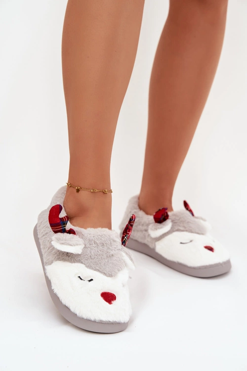 Kapcie Świąteczne Damskie Z Motywem Renifera Futrzane Szare Orsella