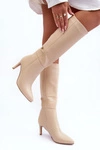 Skórzane Kozaki Na Szpilce Przed Kolano Beżowe Serpens