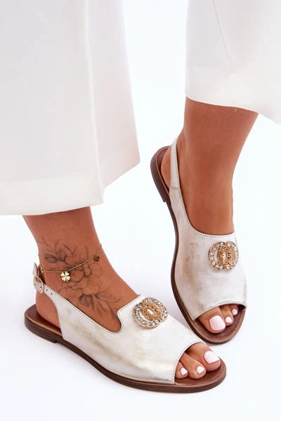 Skórzane Płaskie Sandały Z Ozdobą Nicole 2744/004 Biało-Złote