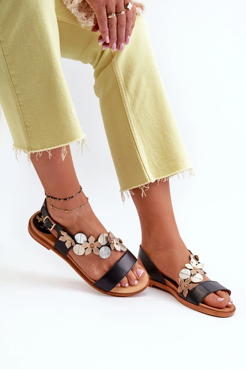 Skórzane Sandały Damskie Ozdobione Kwiatkami Laura Messi 2762 Czarne