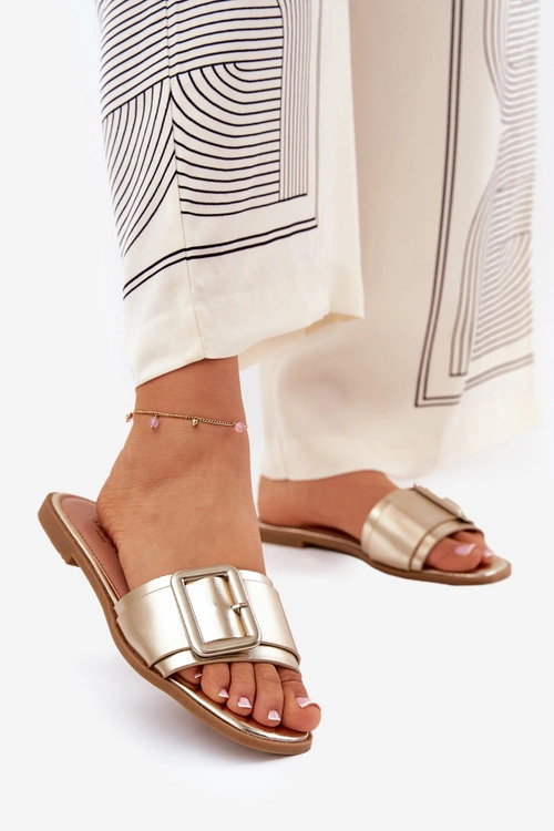 Płaskie Klapki Damskie Eko Skórzane Z Klamrą Złote Bamma