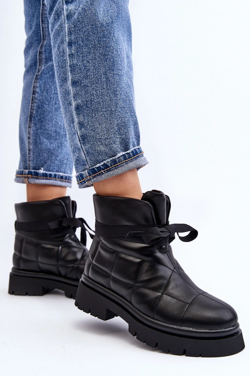 Damskie Botki Z Pikowaniem I Wiązaniem Czarne Bizzanti