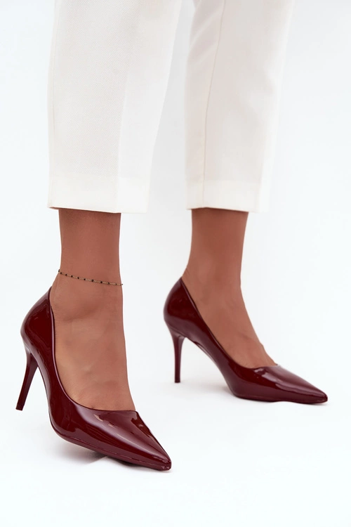 Lakierowane Eko Skórzane Szpilki Damskie Ze Szpiczastymi Noskami Bordowe Jadira 