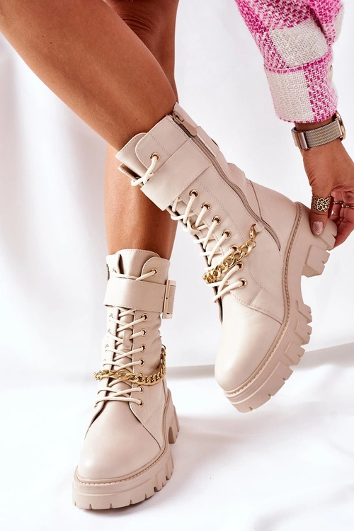 Beżowe Workery Botki z Łańcuchem Klamra Tanaros