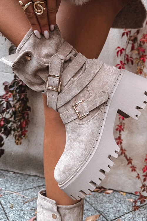 Botki Damskie Na Masywnym Obcasie Z Klamrami I Paskiem Beżowe Nerelisa