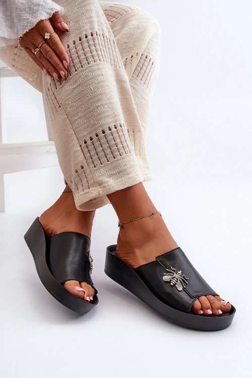 Eleganckie Klapki Damskie Z Ozdobą Skóra Naturalna S.Barski KV27-015 Czarne