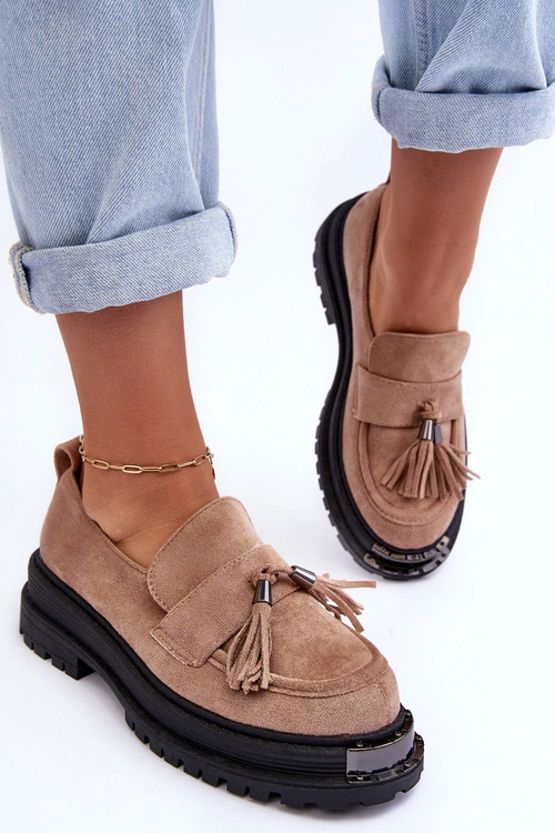 Zamszowe Półbuty Mokasyny Damskie Beżowe Ramvli