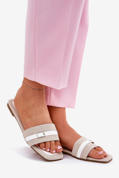 Płaskie Klapki Damskie Z Paskiem I Sprzączką Beżowo-Białe Zilina