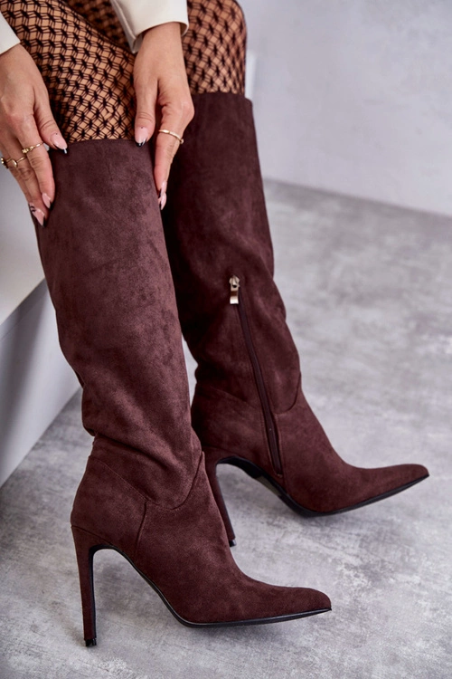 Klasyczne Zamszowe Kozaki Na Szpilce Brązowe Ameya