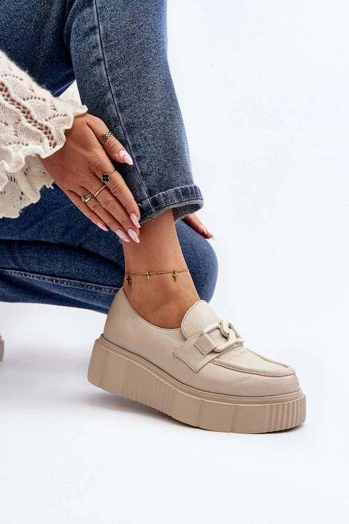 Zazoo 20101 Modne Skórzane Półbuty Na Platformie Jasnobeżowe