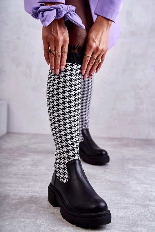 Damskie Kozaki Skarpetkowe W Pepitkę Czarno-Białe Avira