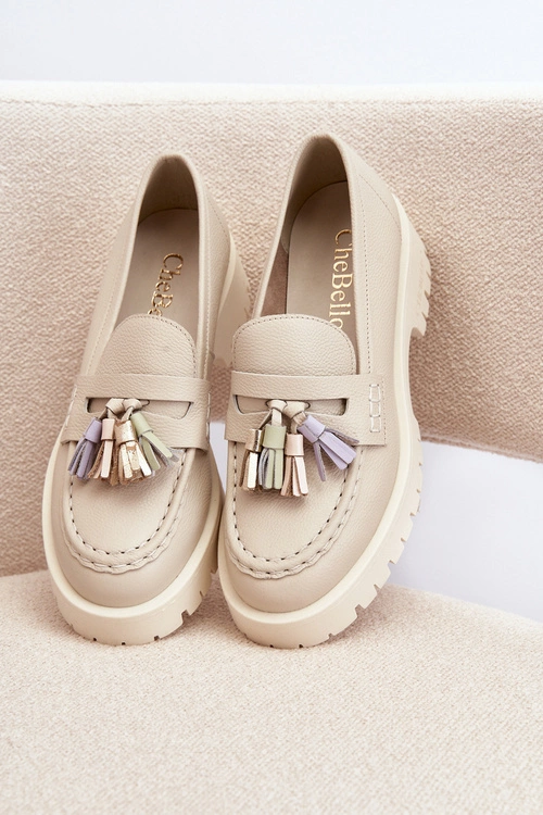 Damskie Skórzane Mokasyny Z Frędzlami CheBello 3096 Beżowe