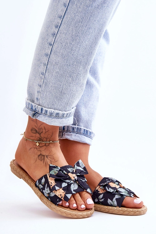 Damskie Klapki Z Materiałową Kokardą Czarne Blossom