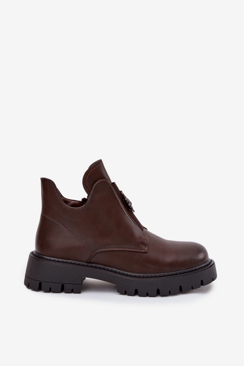 Ocieplane Niskie Botki Damskie Z Ozdobą Na Zamek Brązowe Lavira