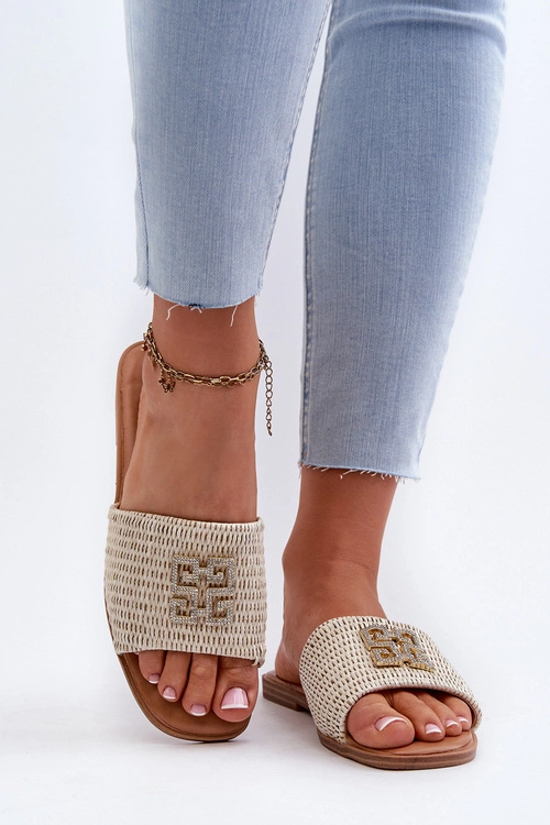 Płaskie Klapki Damskie Z Plecionką I Ozdobą Białe Omenna