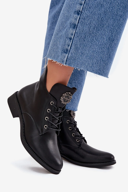 Niskie Botki Damskie Na Płaskim Obcasie Z Ozdobnym Detalem Ocieplane Czarne Cylira