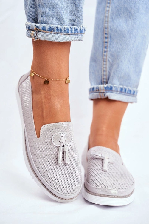 Mokasyny Damskie Skórzane Srebrne Amore Mio