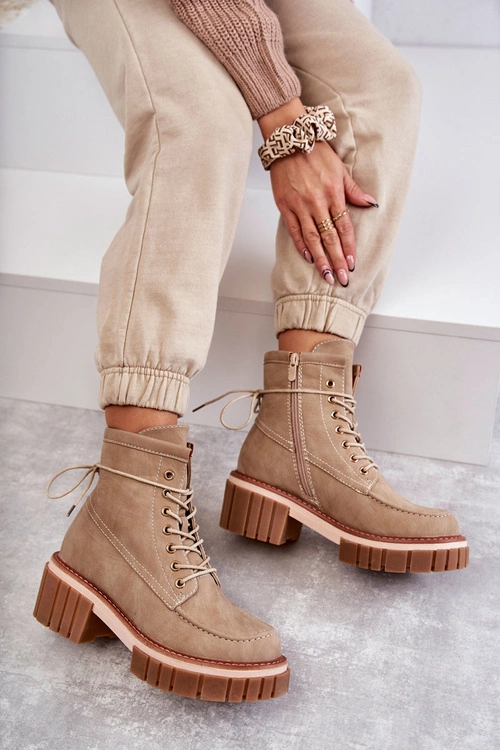 Damskie Modne Botki Ocieplane Beżowe Gerda