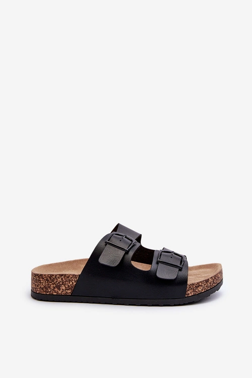 Damskie Klapki Na Korkowej Platformie Z Klamrami Czarne Klinesta