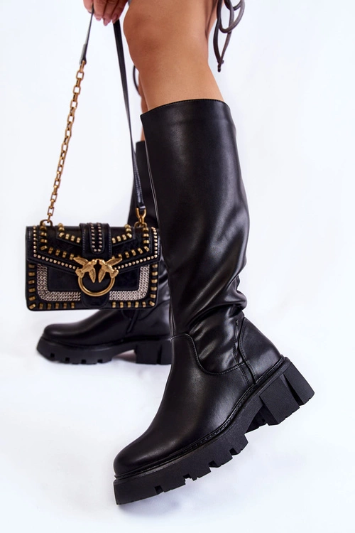 Damskie Skórzane Kozaki Do Kolana Czarne Caldera